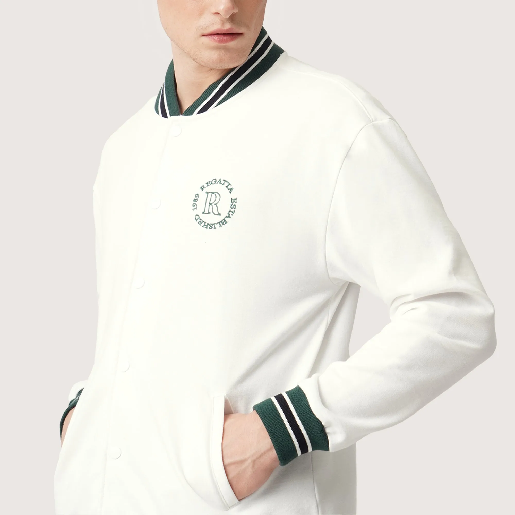 Knit Bomber Jacket With Chest Embroidery and Cuff Details