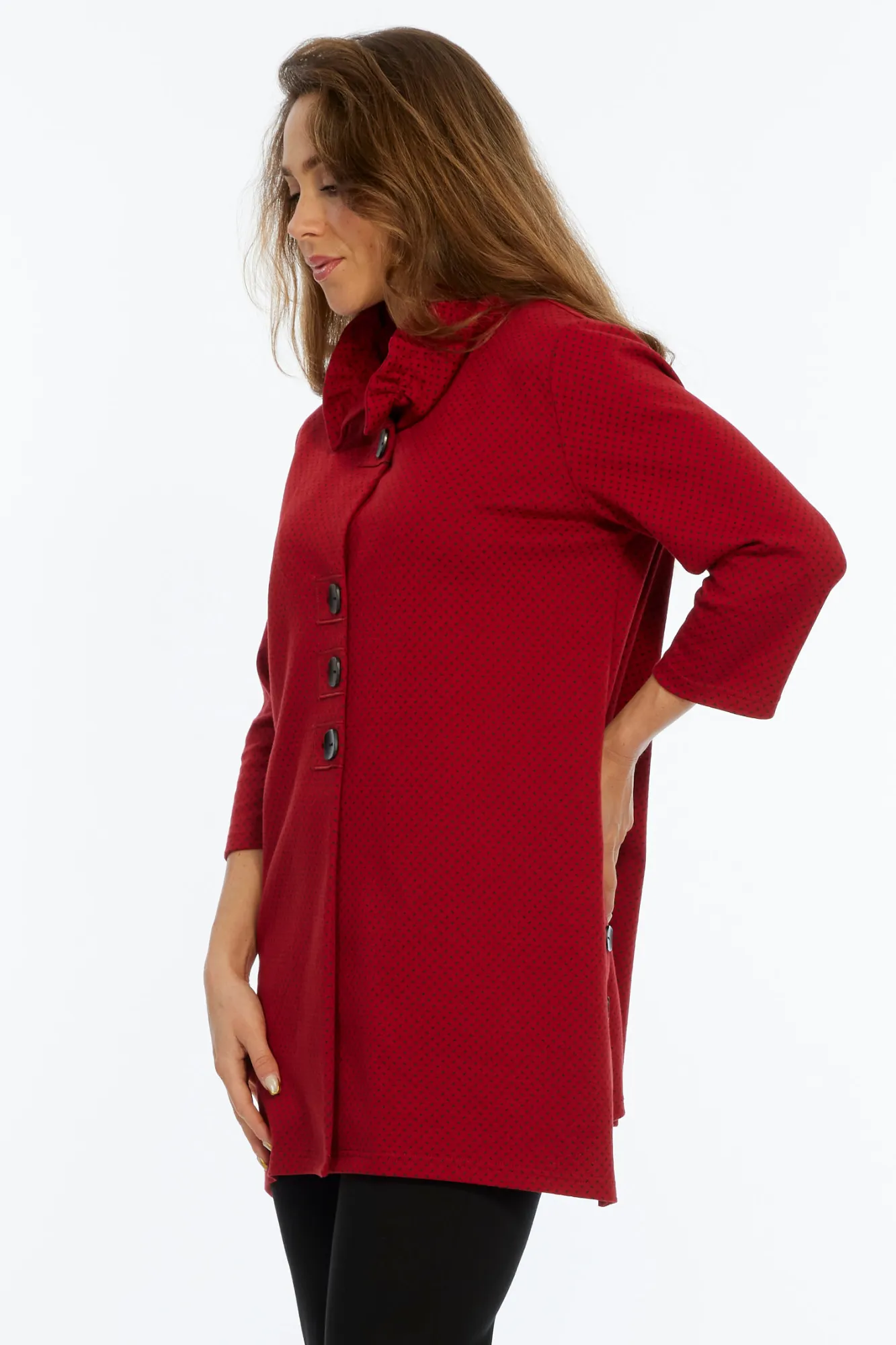 LIOR Women's Red Ruffle Neck Long Button Up Jacket - "Kayla"