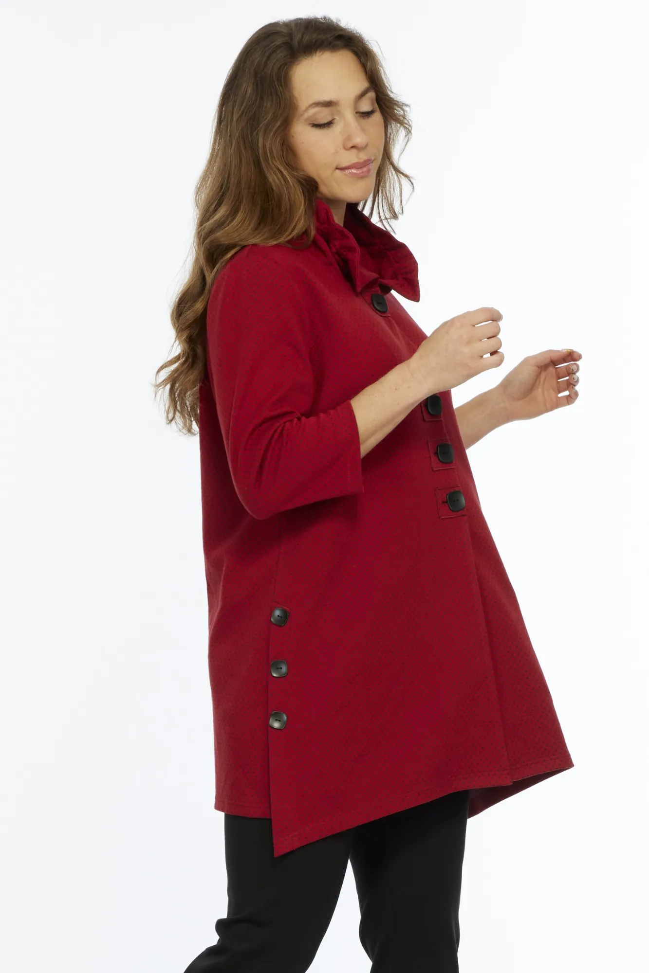 LIOR Women's Red Ruffle Neck Long Button Up Jacket - "Kayla"