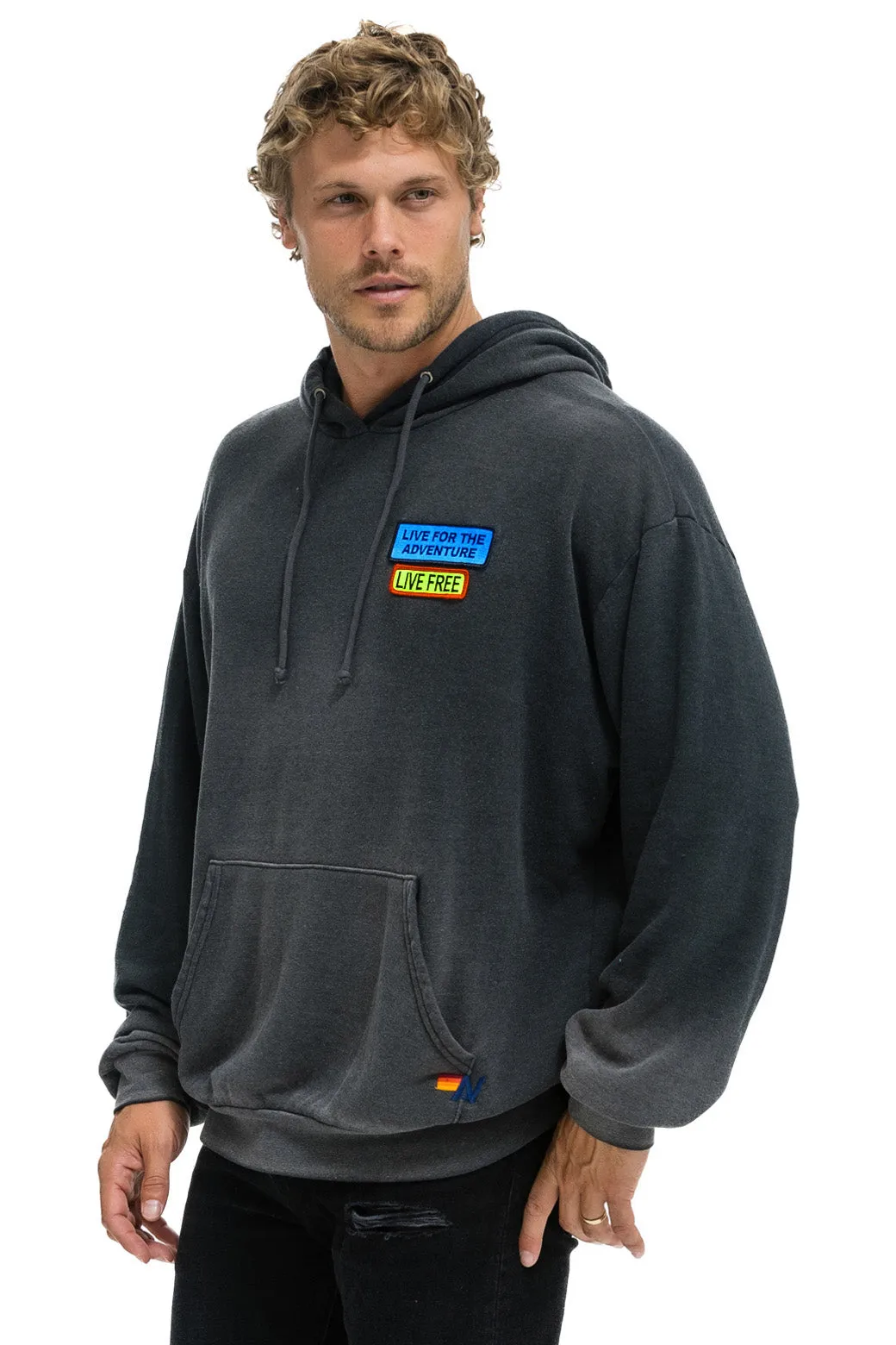 LIVE FREE   ADVENTURE PATCH PULLOVER RELAXED HOODIE - FADED SMOKE