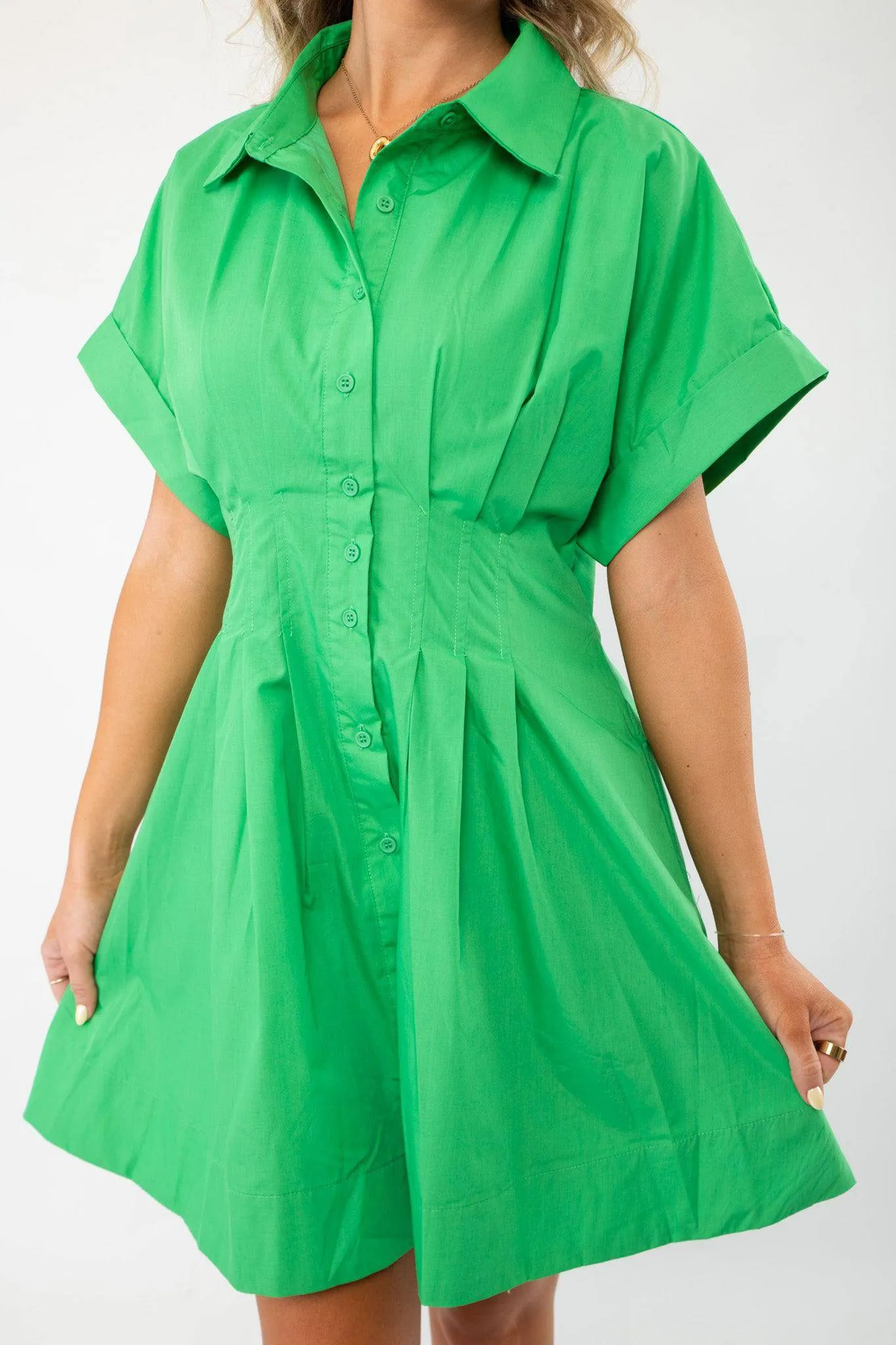 Lucky You Kelly Green Button Up Mini Dress