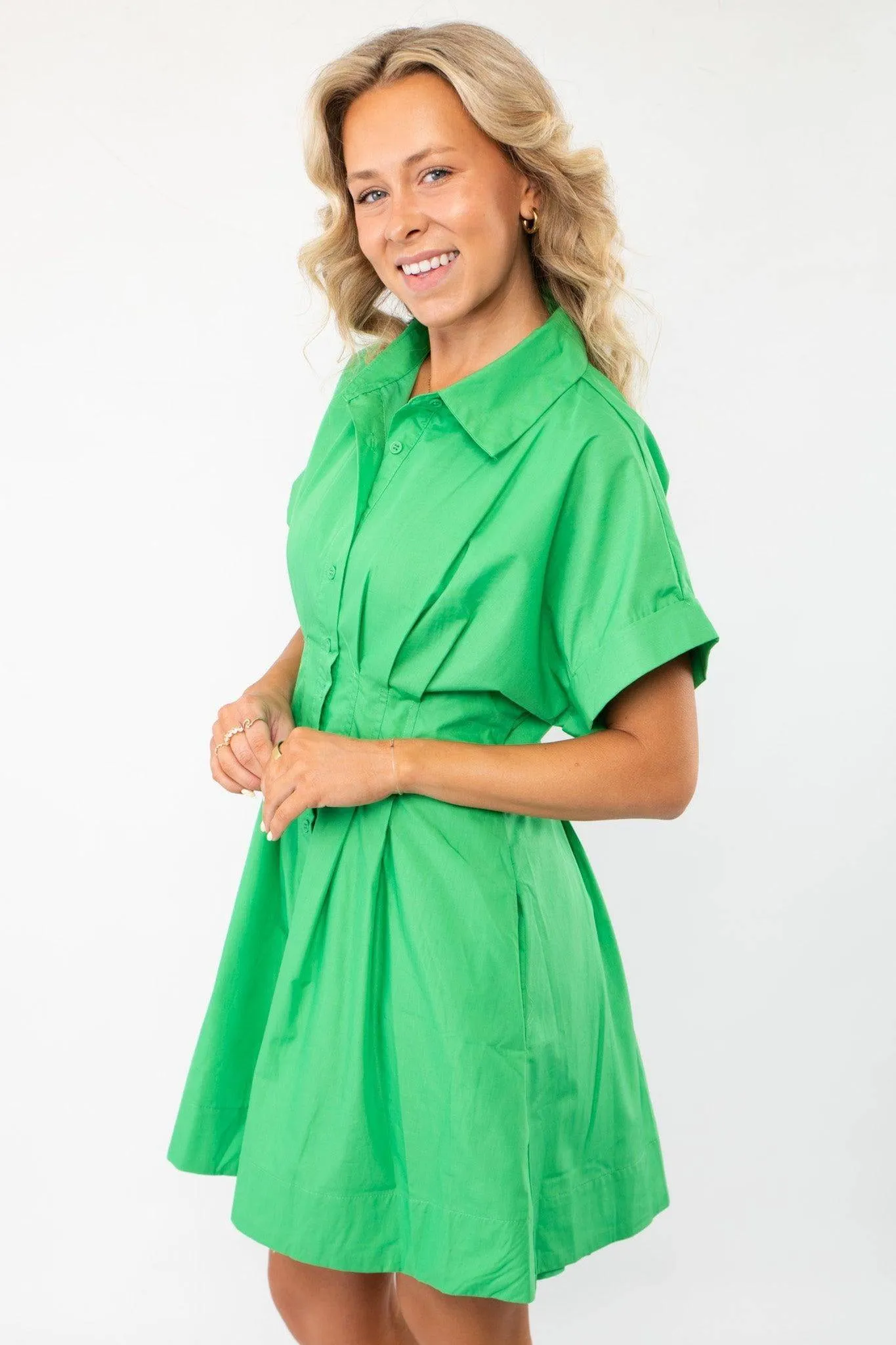 Lucky You Kelly Green Button Up Mini Dress