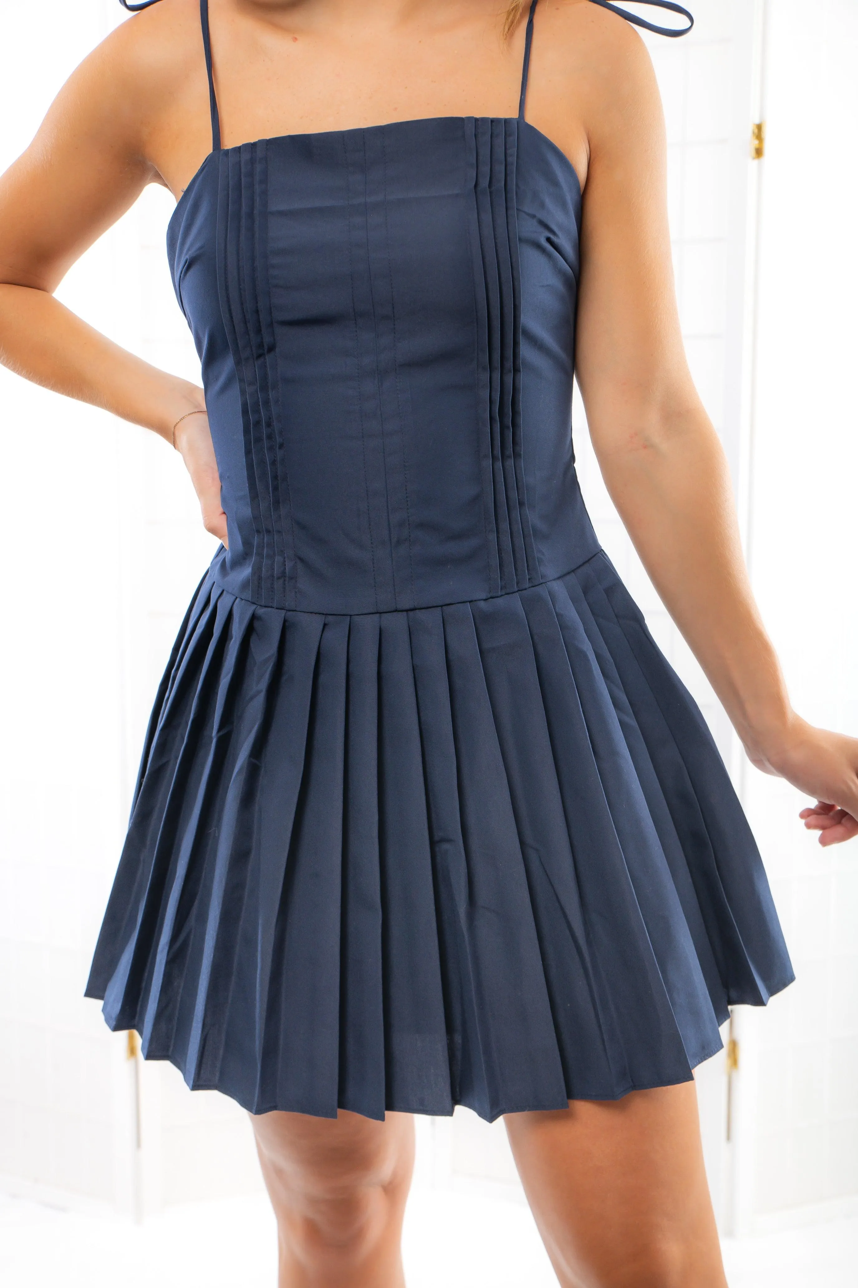 Marie Navy Fit & Flare Pleated Mini Dress