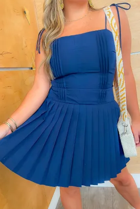 Marie Navy Fit & Flare Pleated Mini Dress