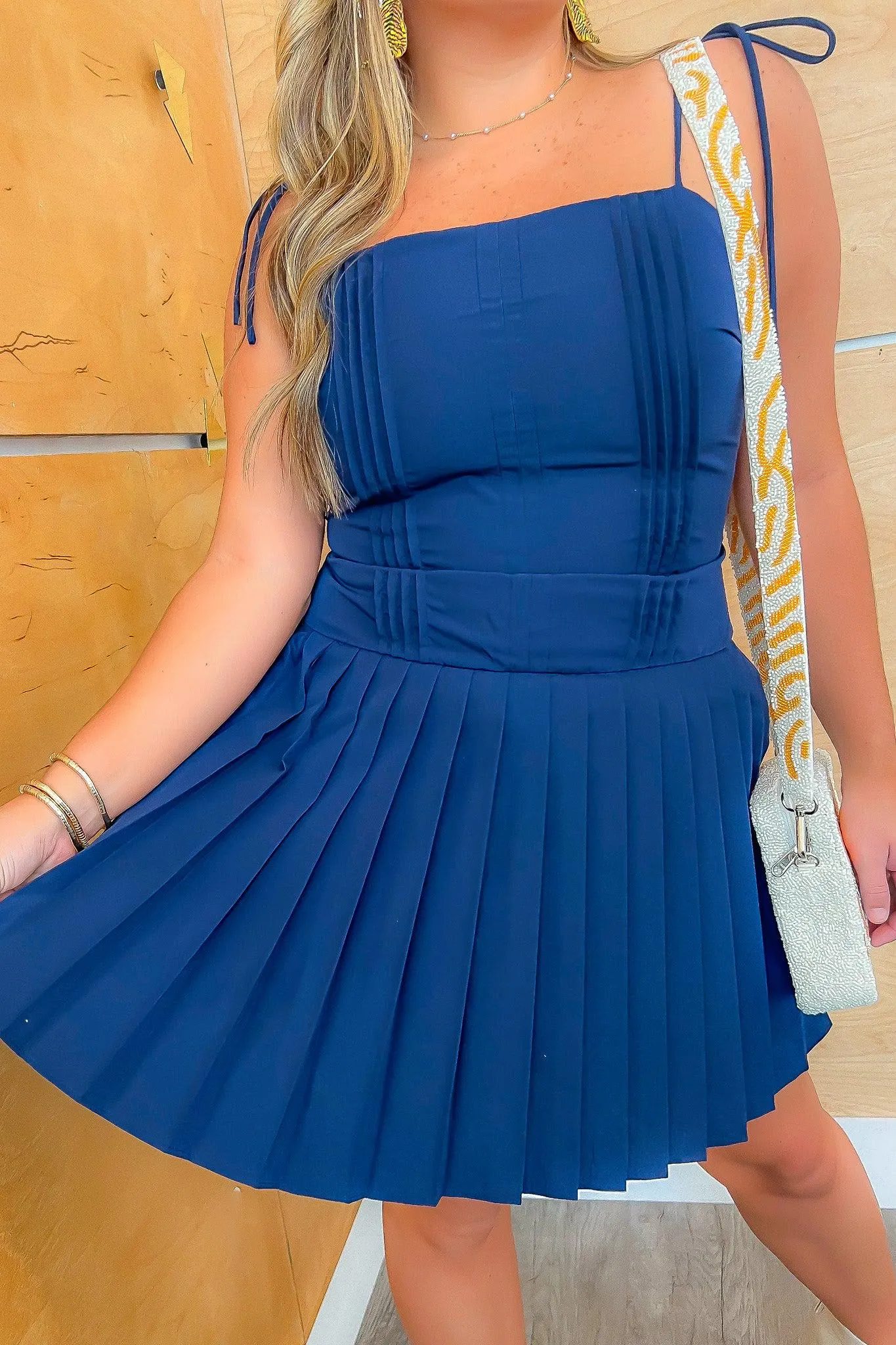 Marie Navy Fit & Flare Pleated Mini Dress