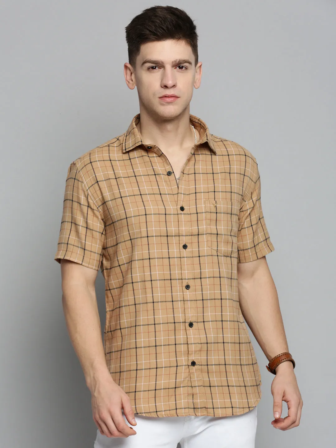 Men Beige Checked Casual Shirt