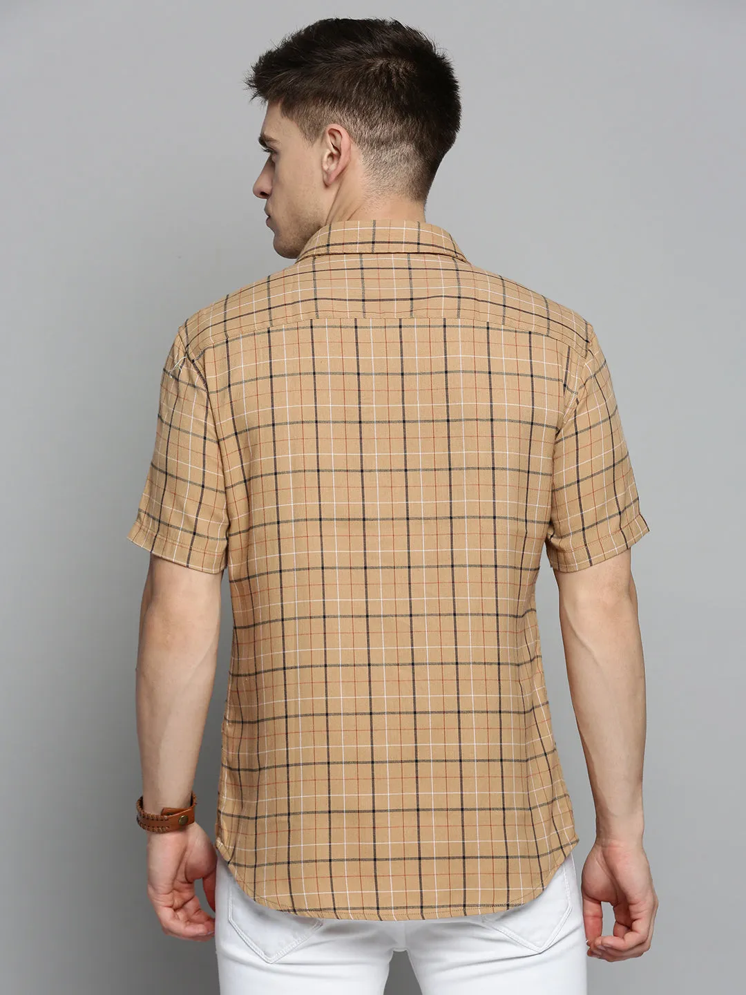 Men Beige Checked Casual Shirt