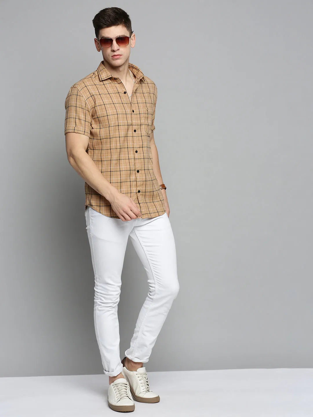 Men Beige Checked Casual Shirt
