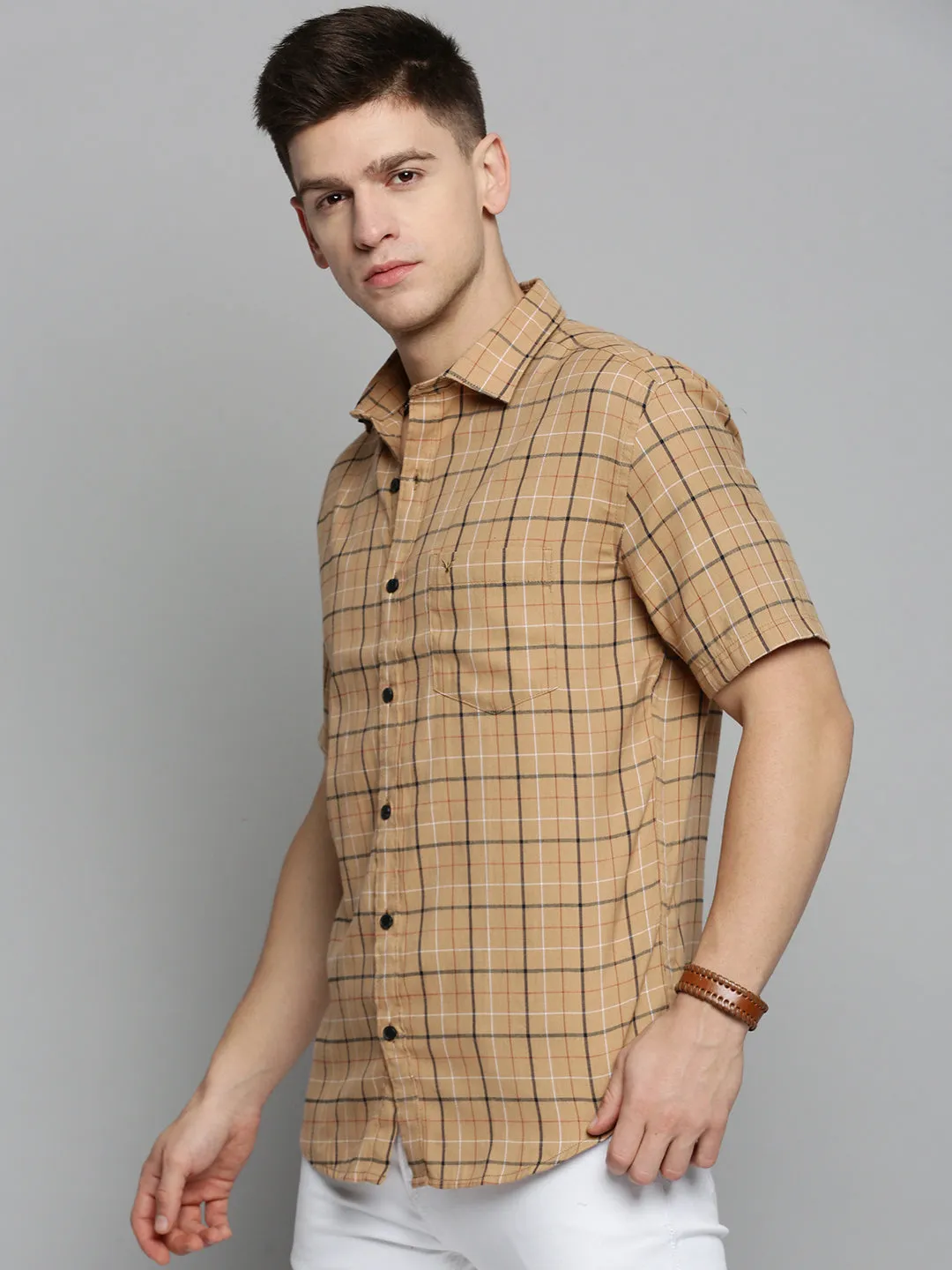 Men Beige Checked Casual Shirt