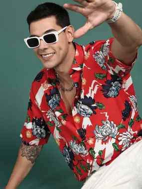 Men Floral Orange Slim Fit Shirt