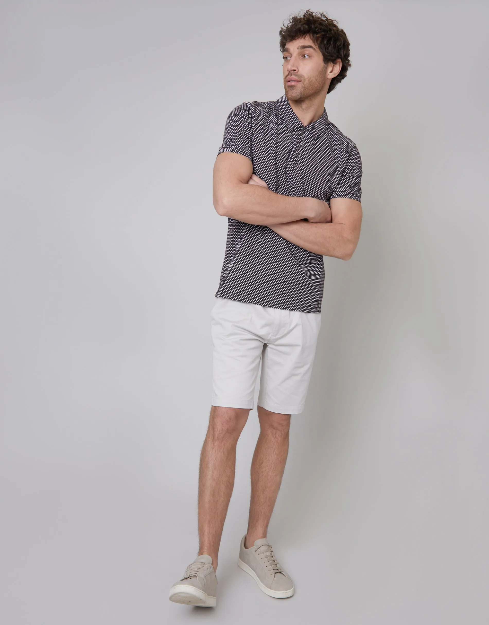 Men's Dark Chocolate Geometric Print Zip Collar Polo Shirt