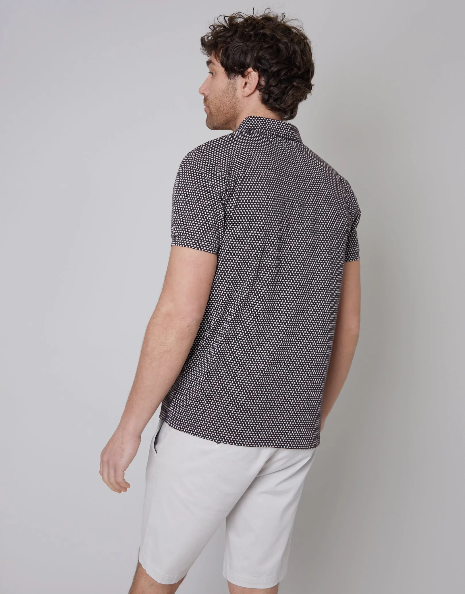 Men's Dark Chocolate Geometric Print Zip Collar Polo Shirt