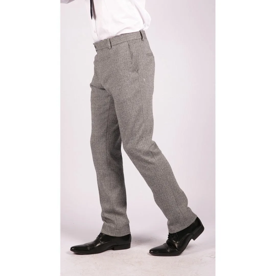 Mens Grey Charcoal Tweed Trousers Herringbone Wool Vintage Retro Blinders
