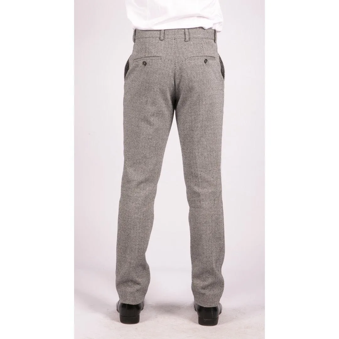 Mens Grey Charcoal Tweed Trousers Herringbone Wool Vintage Retro Blinders