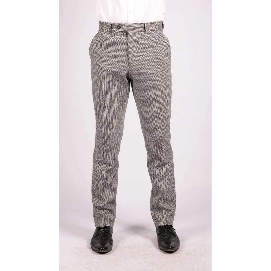 Mens Grey Charcoal Tweed Trousers Herringbone Wool Vintage Retro Blinders