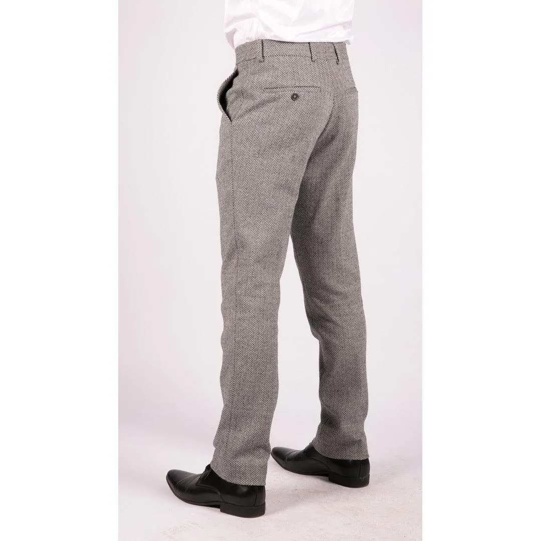 Mens Grey Charcoal Tweed Trousers Herringbone Wool Vintage Retro Blinders