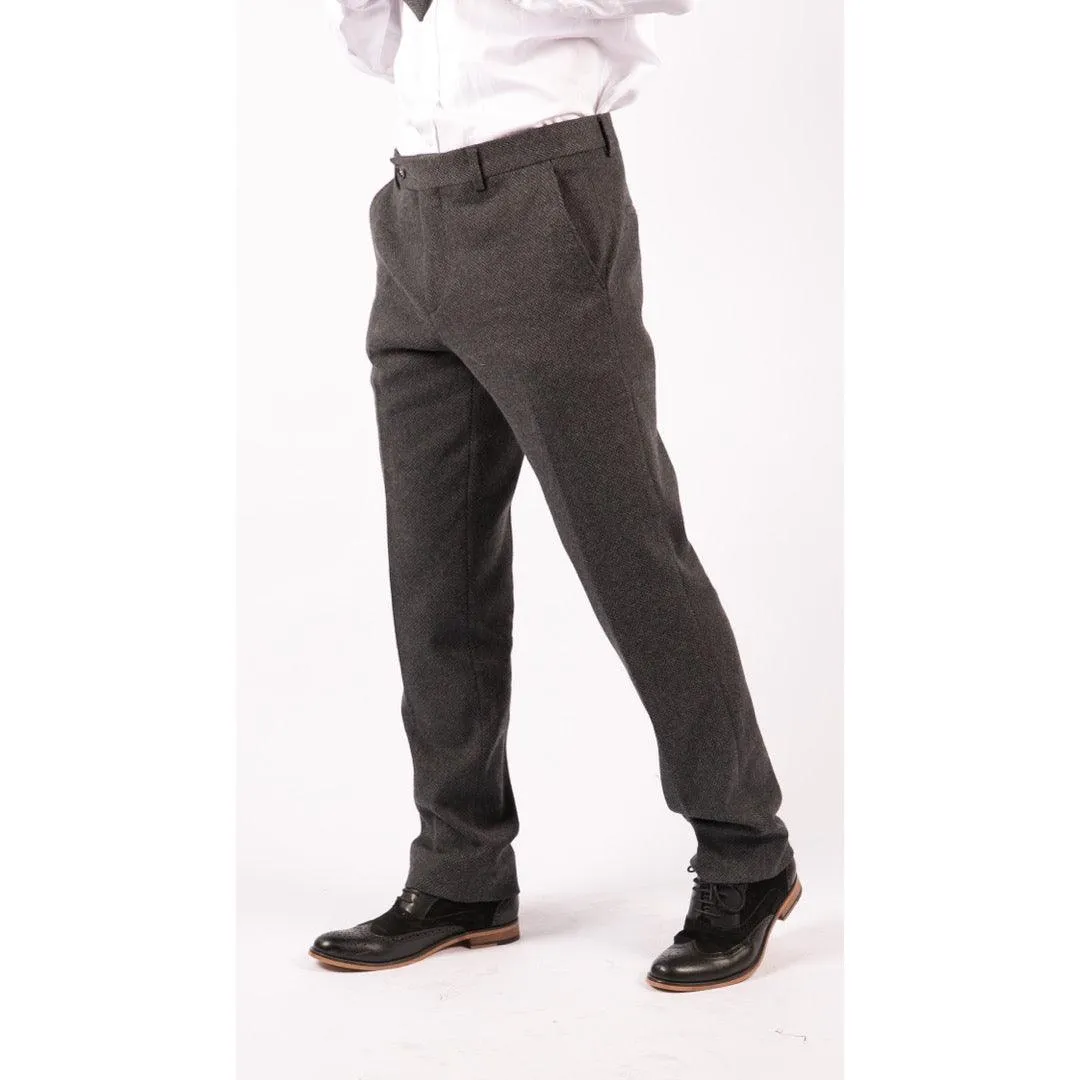 Mens Grey Charcoal Tweed Trousers Herringbone Wool Vintage Retro Blinders