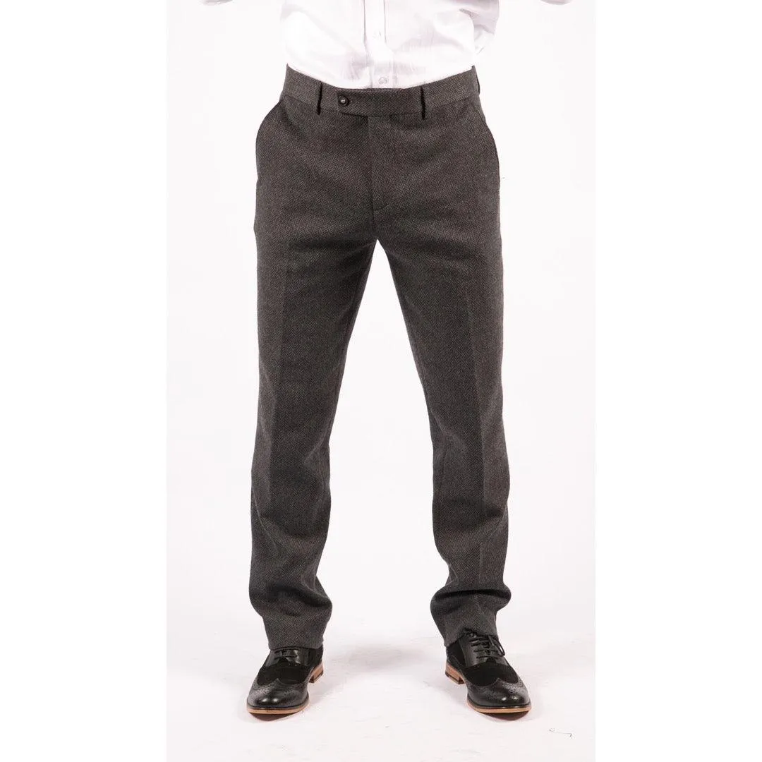 Mens Grey Charcoal Tweed Trousers Herringbone Wool Vintage Retro Blinders