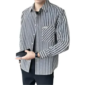 Men’s Striped Long Sleeve Shirt – Casual Loose Fit Turn-Down Collar, All-Match Trendy Button Blouse for Spring and Autumn