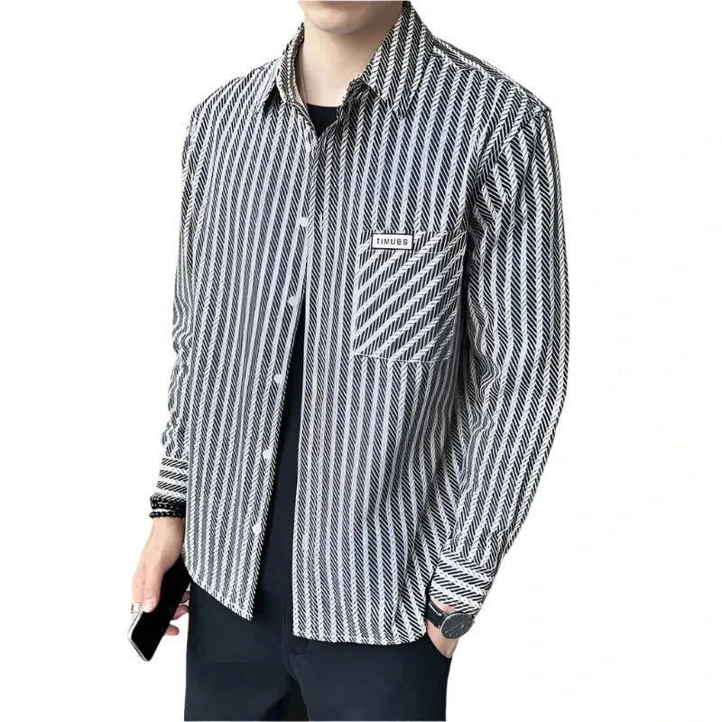 Men’s Striped Long Sleeve Shirt – Casual Loose Fit Turn-Down Collar, All-Match Trendy Button Blouse for Spring and Autumn
