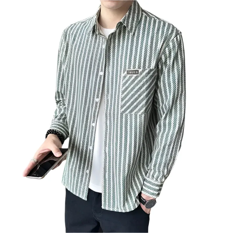 Men’s Striped Long Sleeve Shirt – Casual Loose Fit Turn-Down Collar, All-Match Trendy Button Blouse for Spring and Autumn