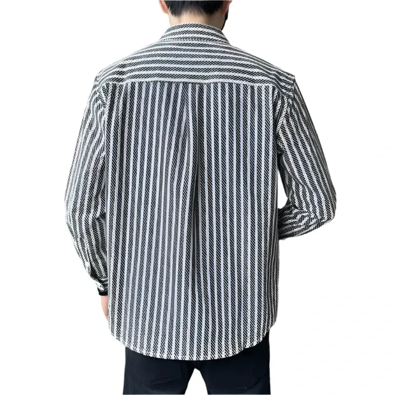 Men’s Striped Long Sleeve Shirt – Casual Loose Fit Turn-Down Collar, All-Match Trendy Button Blouse for Spring and Autumn
