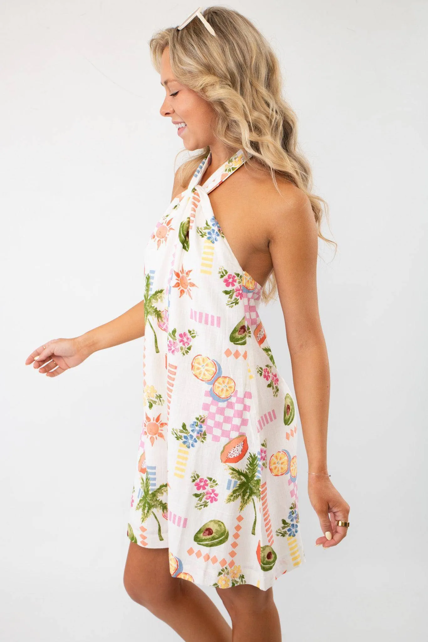 MINKPINK Gracie Ivory Fruity Floral Halter Neck Mini Dress