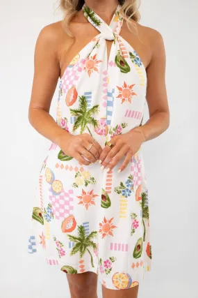 MINKPINK Gracie Ivory Fruity Floral Halter Neck Mini Dress