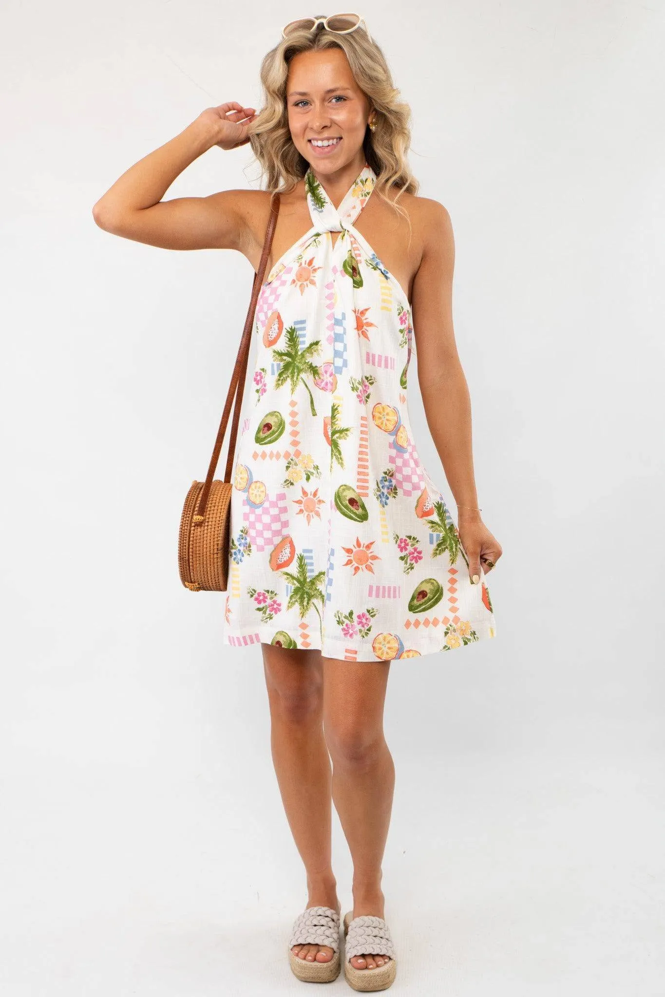 MINKPINK Gracie Ivory Fruity Floral Halter Neck Mini Dress