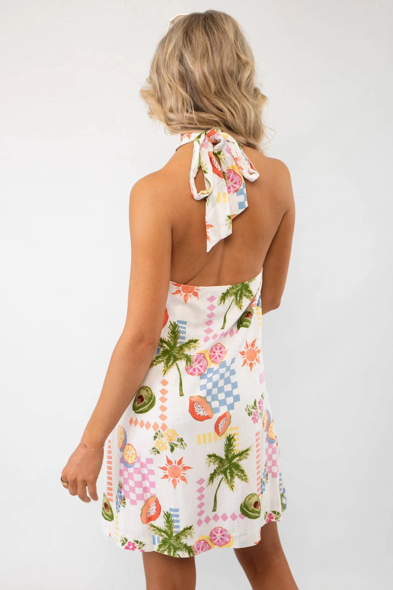MINKPINK Gracie Ivory Fruity Floral Halter Neck Mini Dress