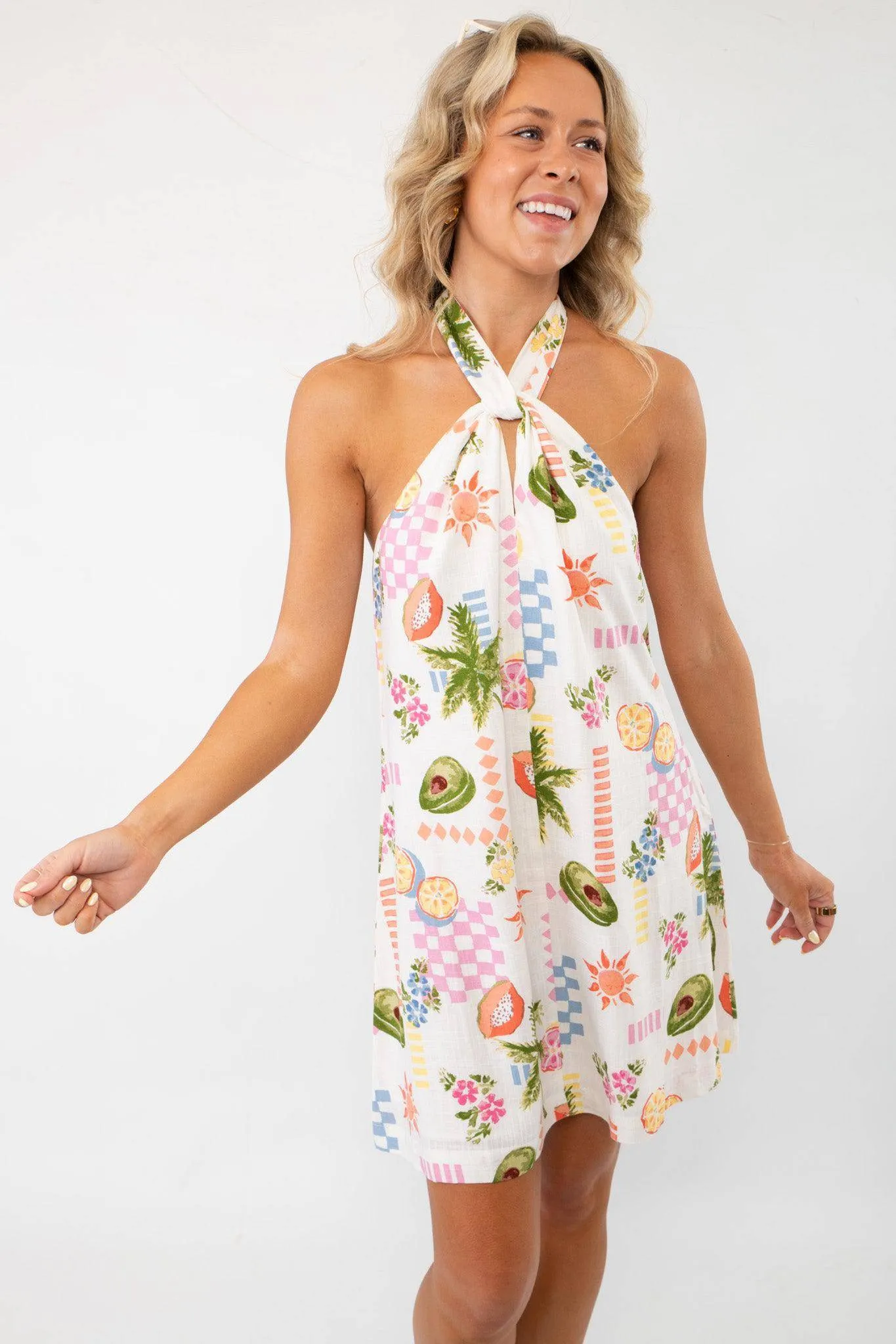 MINKPINK Gracie Ivory Fruity Floral Halter Neck Mini Dress