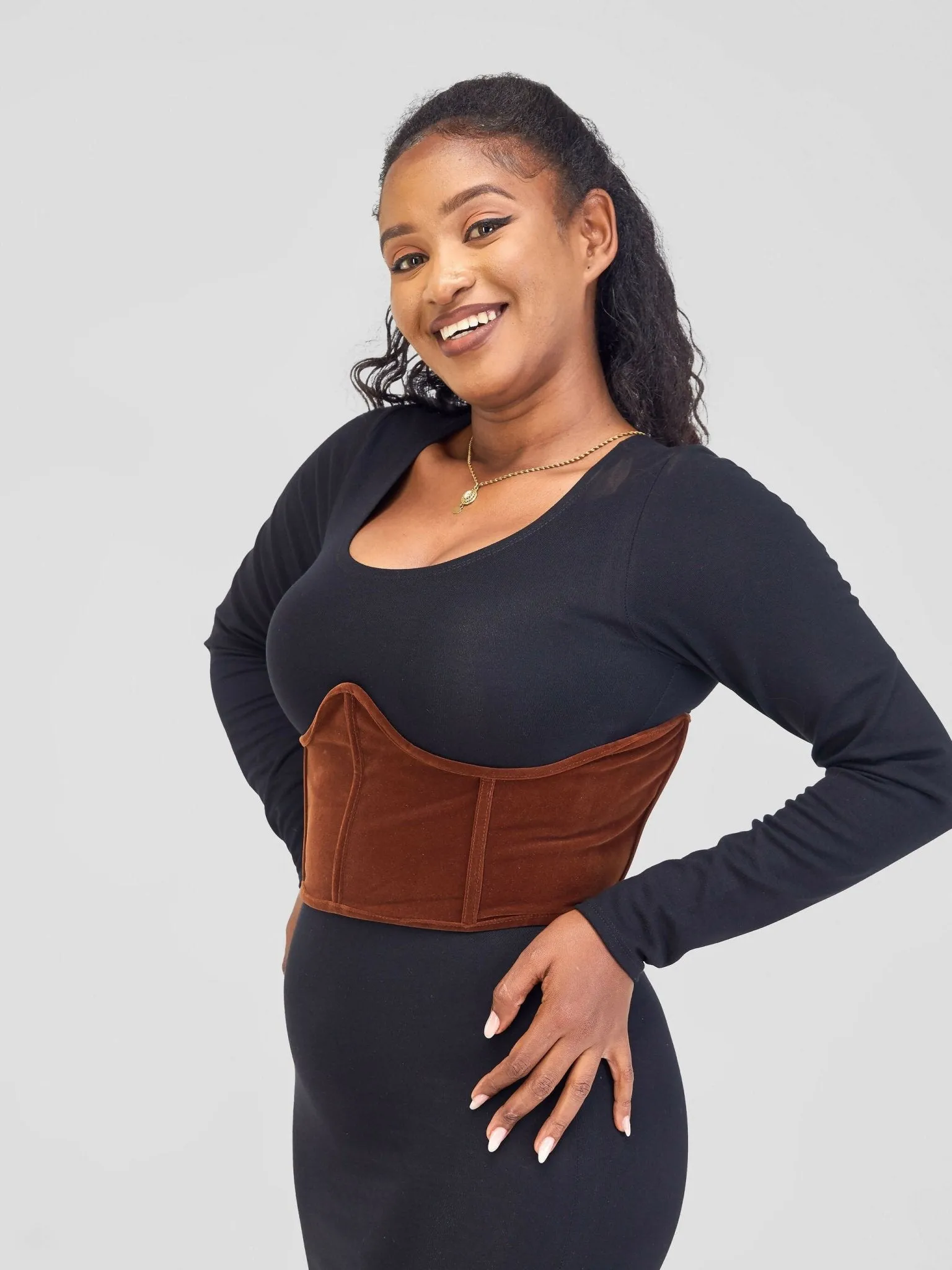 Misstcal Belt Under Bust Velvet Backless Lace Up Boning Corset Top - Brown