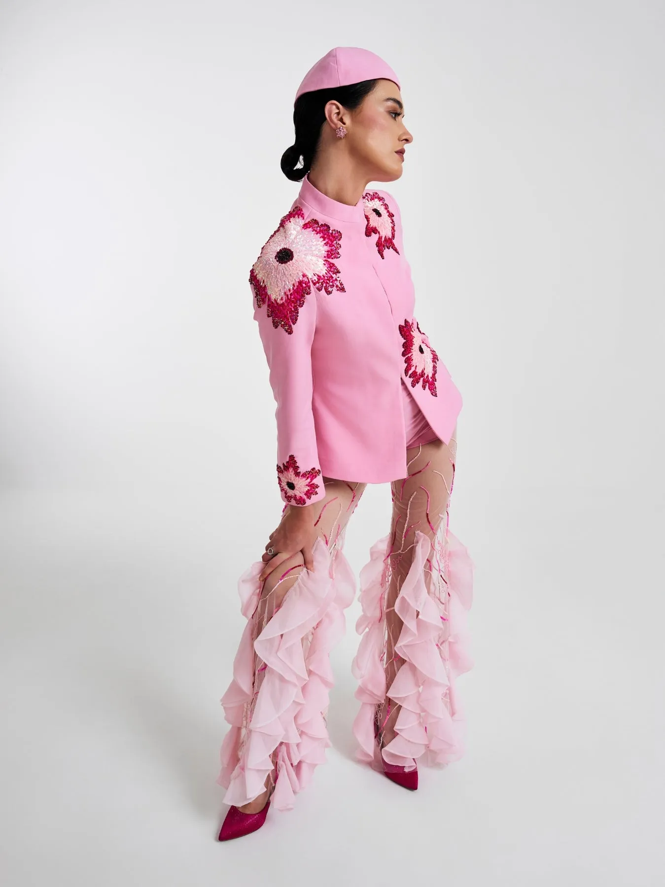 Pink rosette embroidered blazer