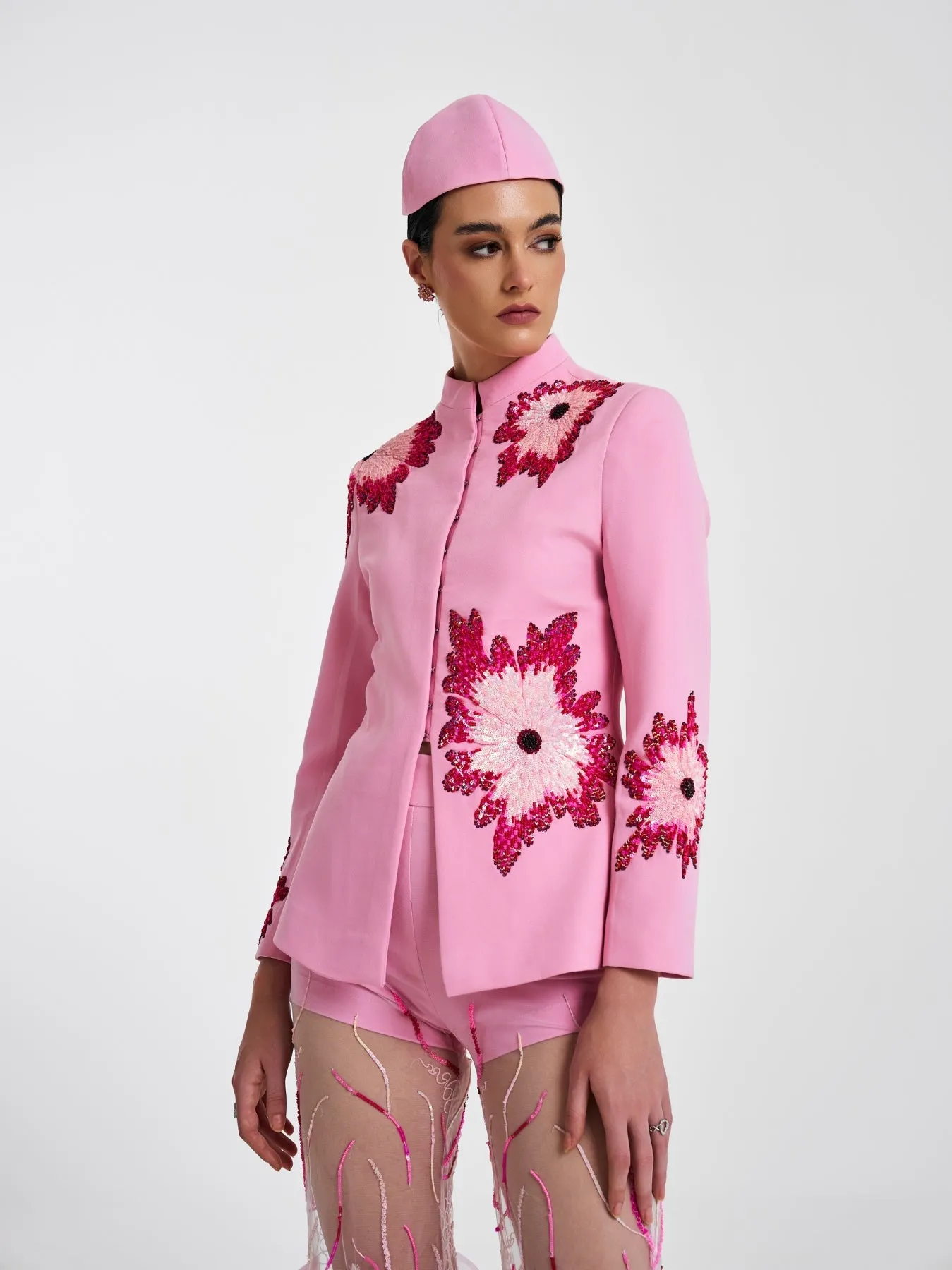 Pink rosette embroidered blazer