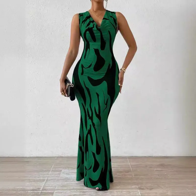 Printed Drop Neck Sleeveless Maxi Dress
