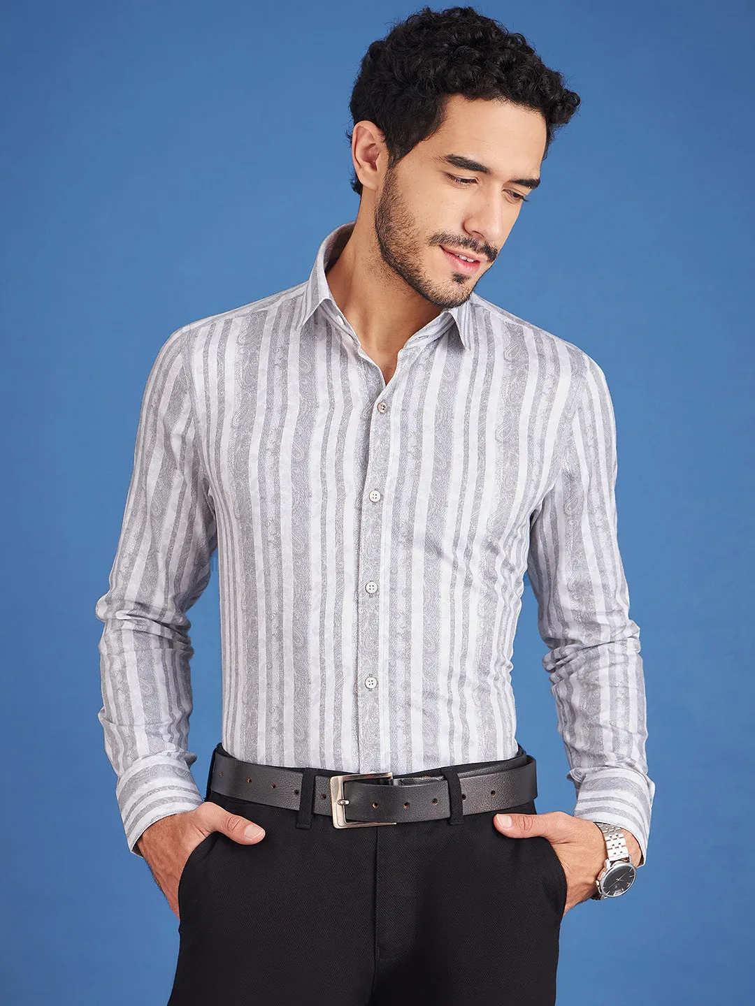 Regular Fit Formal Paisley Grey Shirt For Men
