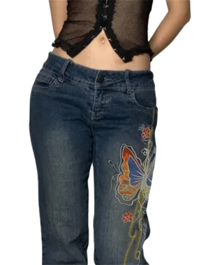 Retro Butterfly Print Denim Jeans Low Waisted Grunge Vintage Cargo Trousers Fairycore Harajuku Fashion Pants