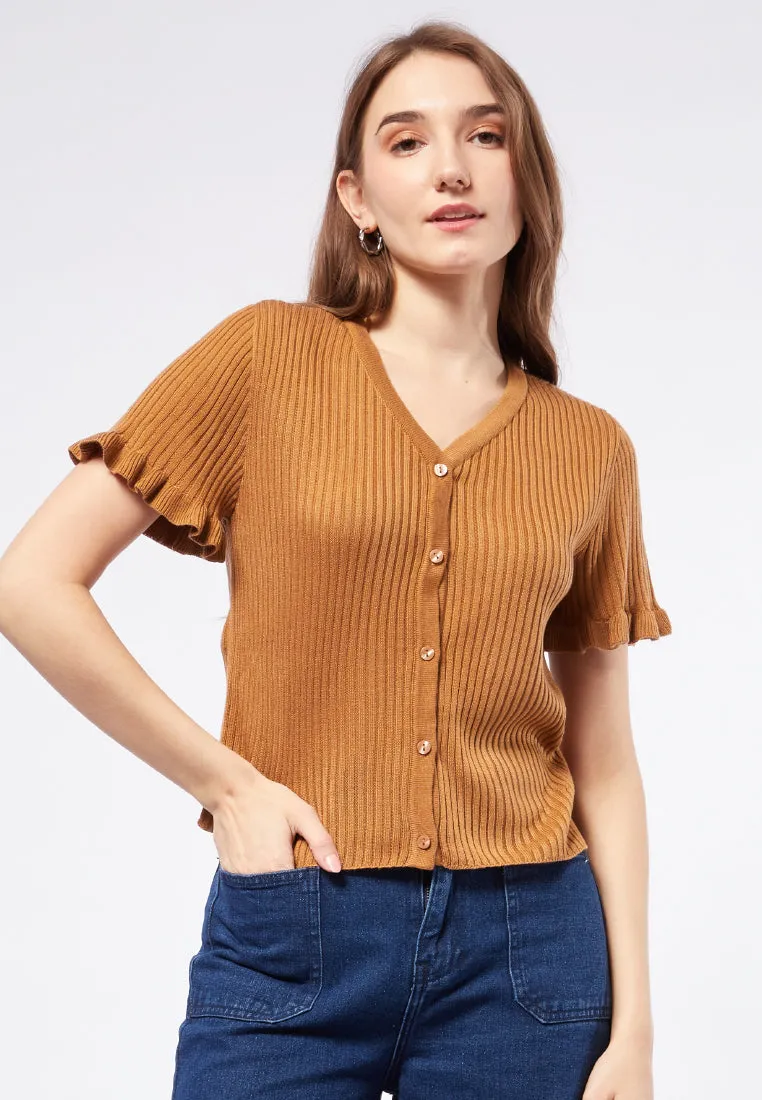 Rib Top with Frill Sleeve Details