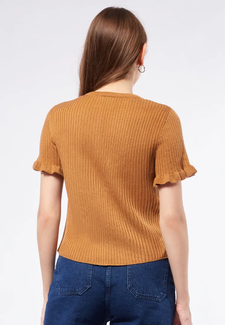 Rib Top with Frill Sleeve Details