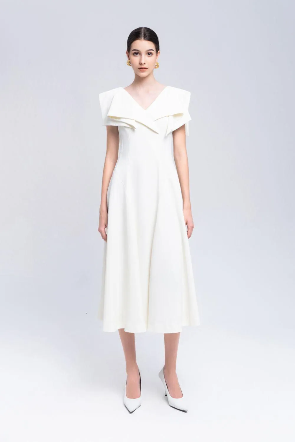 Sailor A-line Cap Sleeved Ribbed Cotton Midi Dress