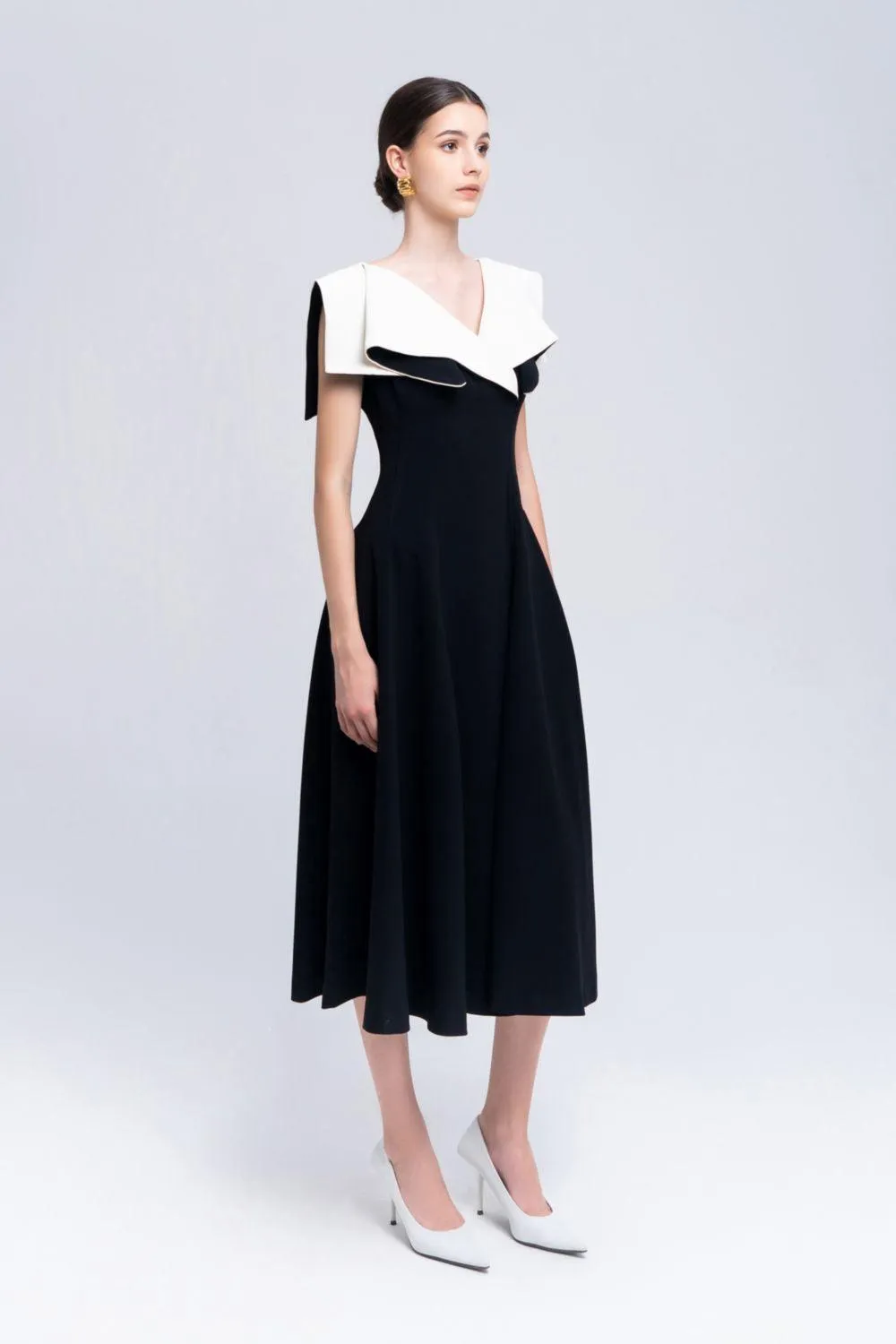 Sailor A-line Cap Sleeved Ribbed Cotton Midi Dress