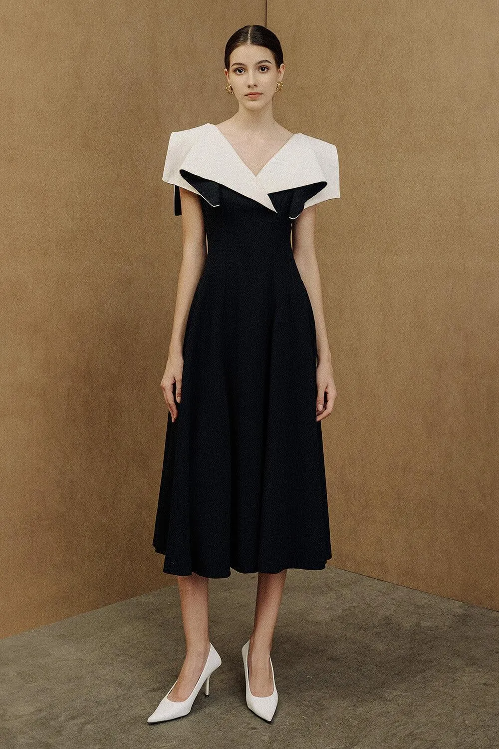 Sailor A-line Cap Sleeved Ribbed Cotton Midi Dress