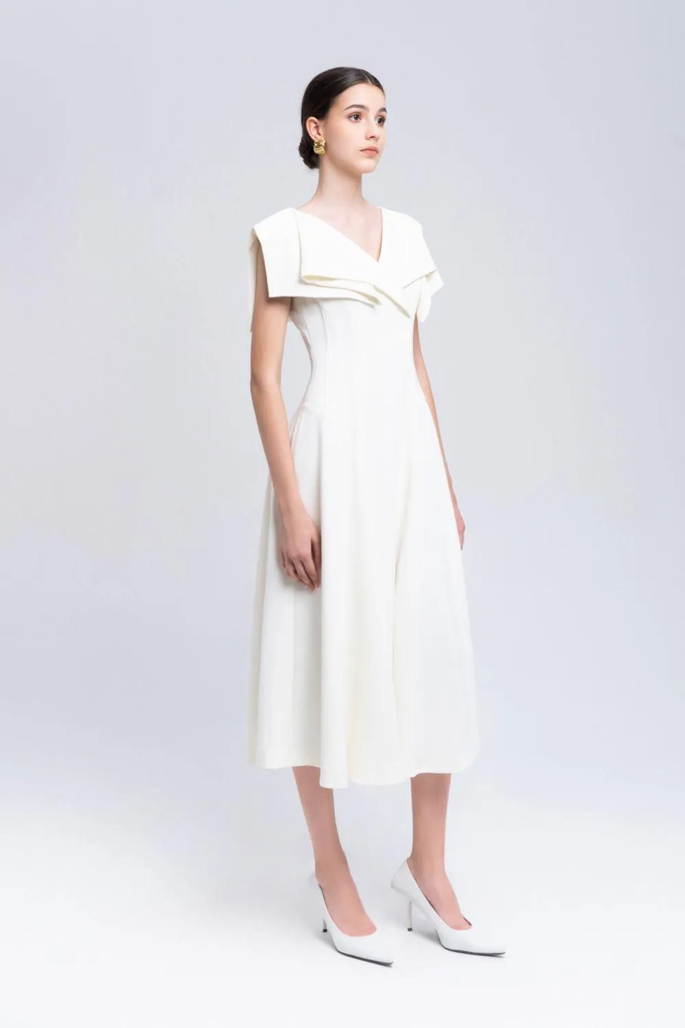 Sailor A-line Cap Sleeved Ribbed Cotton Midi Dress