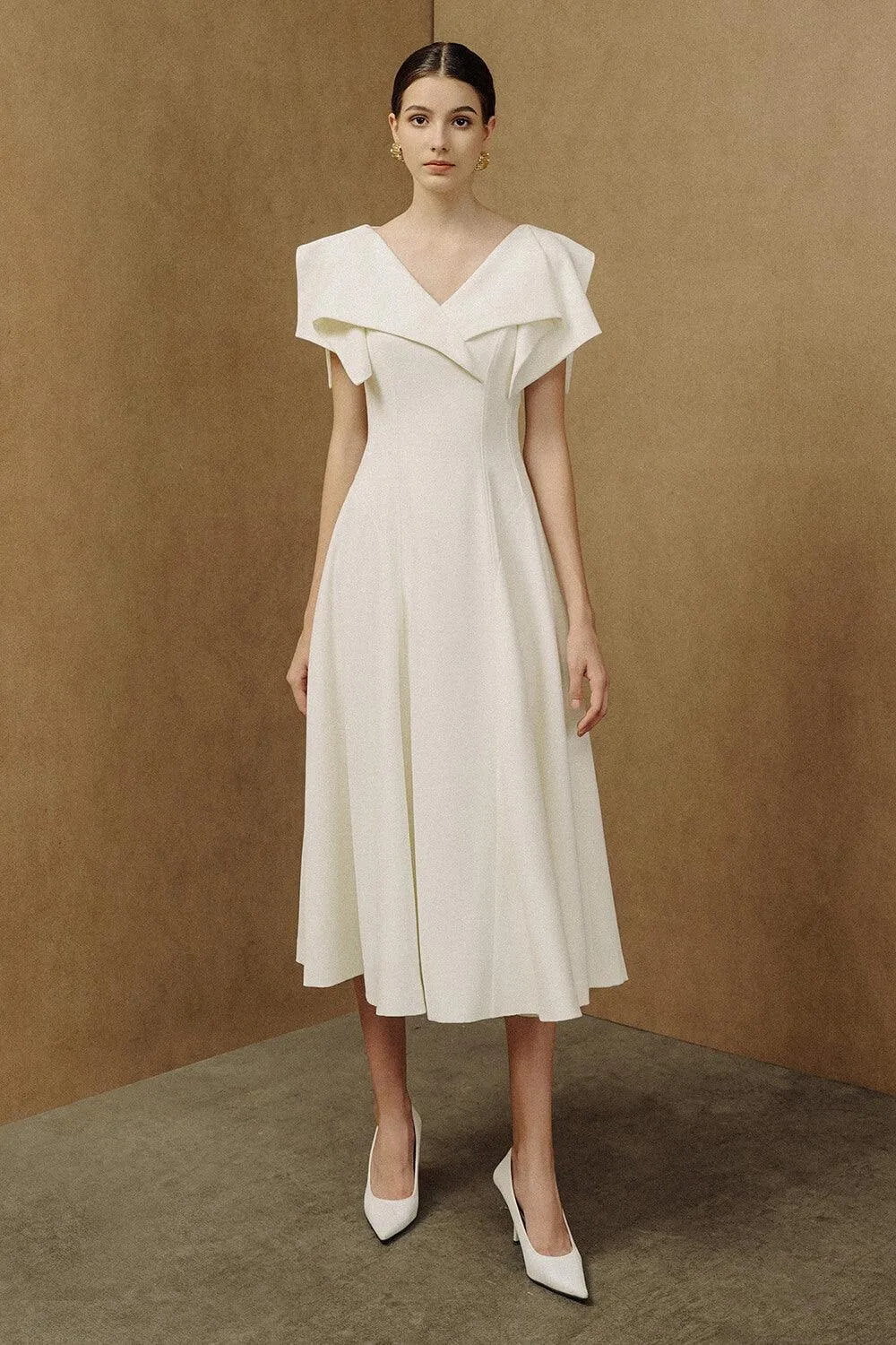 Sailor A-line Cap Sleeved Ribbed Cotton Midi Dress