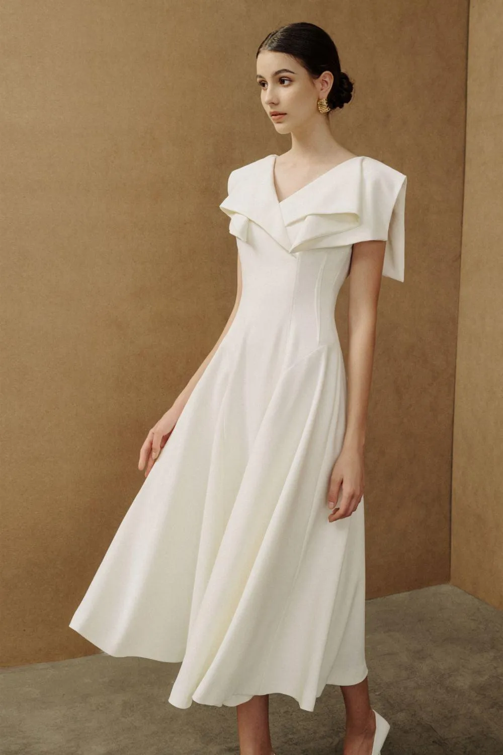 Sailor A-line Cap Sleeved Ribbed Cotton Midi Dress