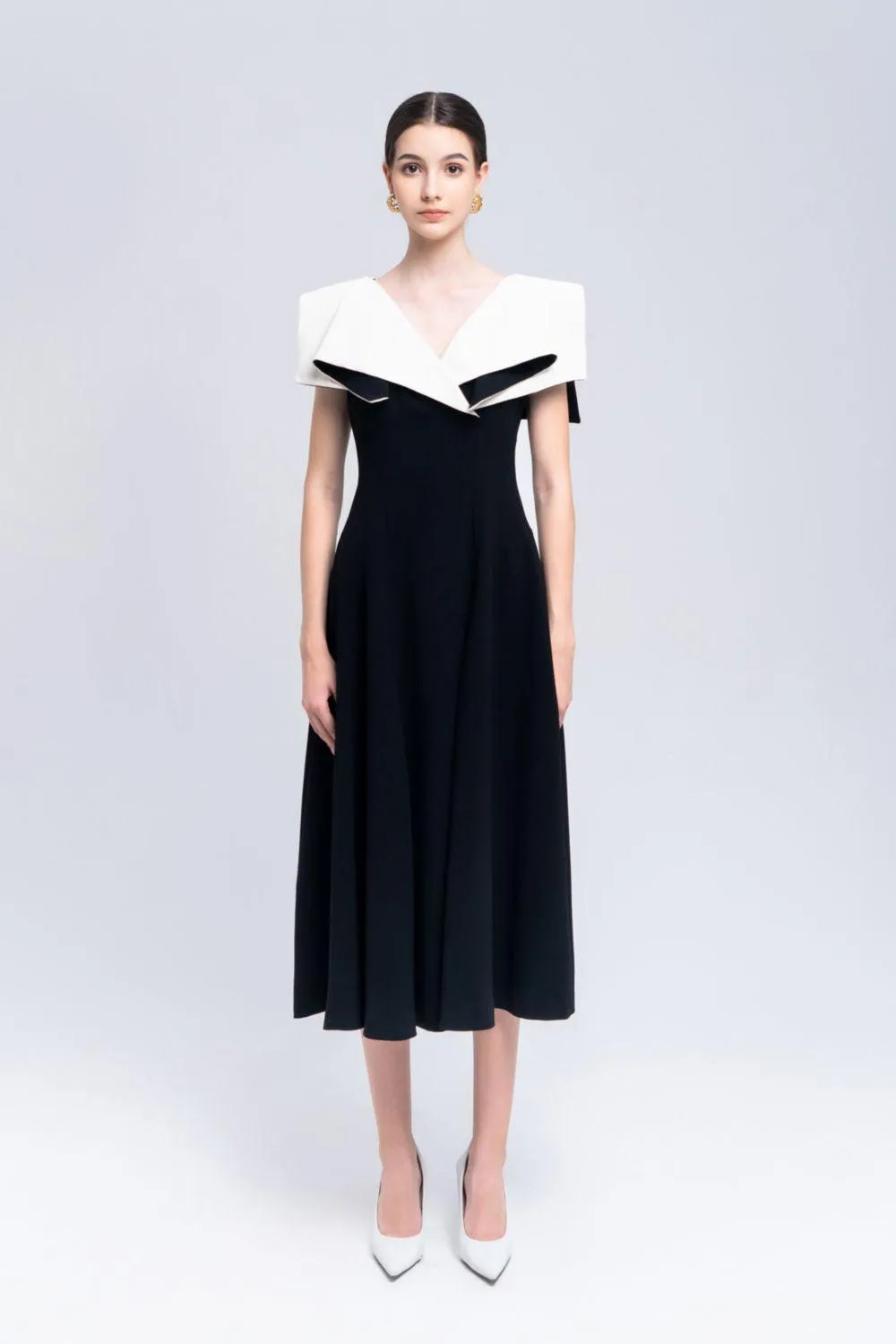 Sailor A-line Cap Sleeved Ribbed Cotton Midi Dress