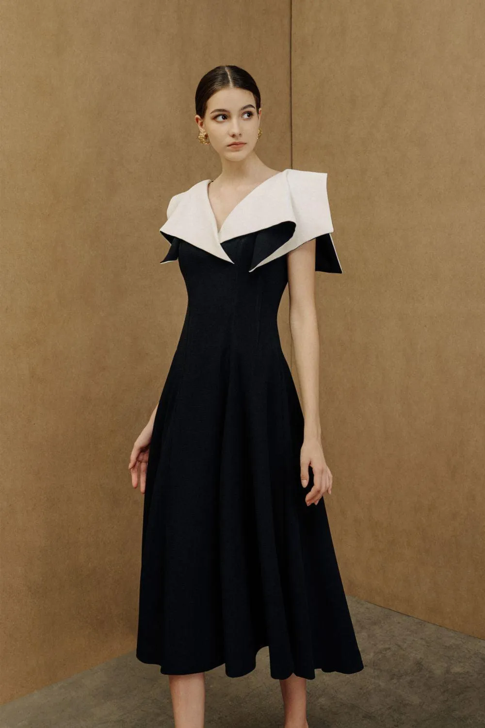 Sailor A-line Cap Sleeved Ribbed Cotton Midi Dress