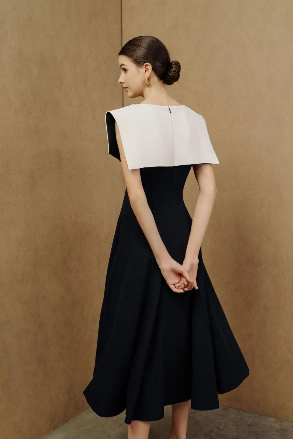 Sailor A-line Cap Sleeved Ribbed Cotton Midi Dress