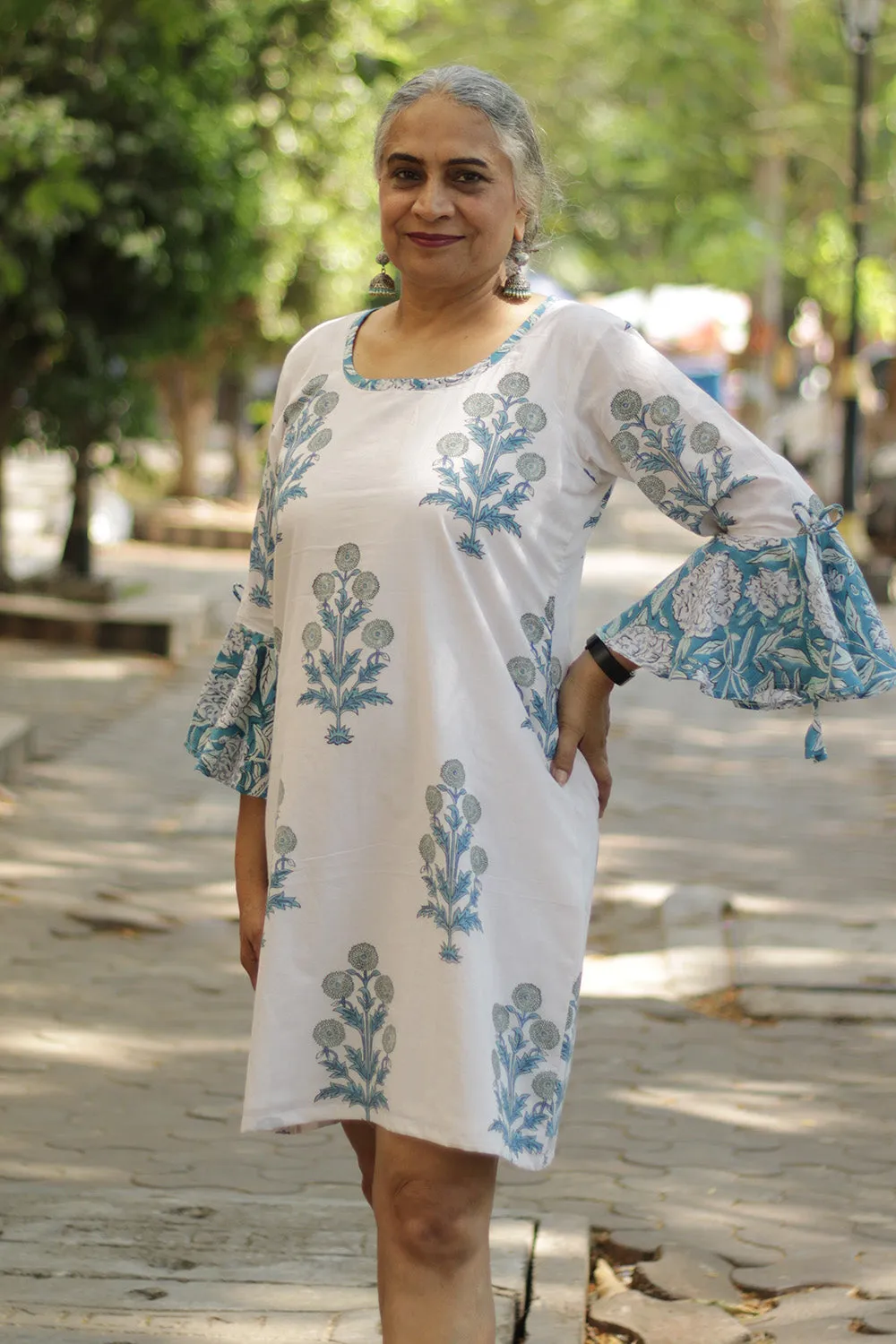Sayali | Short Dress | Teal Blooms Sanganeri