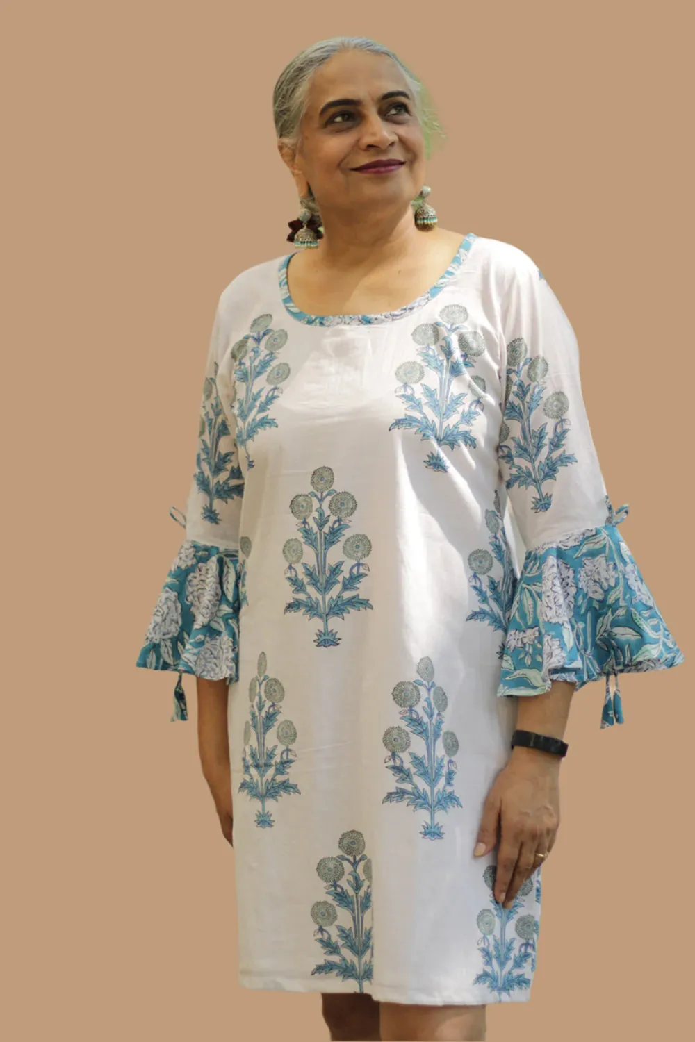 Sayali | Short Dress | Teal Blooms Sanganeri
